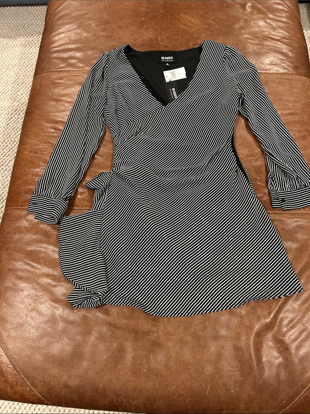 BB Dakota Black and White Striped Wrap-Style Long Sleeve Dress